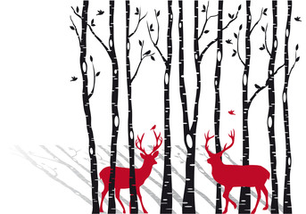 Acrylglasbilder Rot, Schwarz, Weiß birch trees with christmas deers, vector  © beaubelle