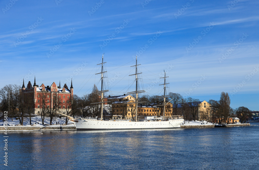 Sailing ship at the Skeppsholmen Island in winter, Stockholm.