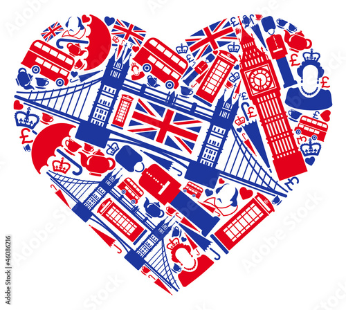 Traditional Symbols of London and England in the form of heart