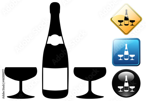 champagne bottle and glasses pictogram and icons