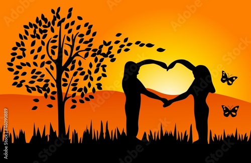 Man and woman making heart shape - romantic nature