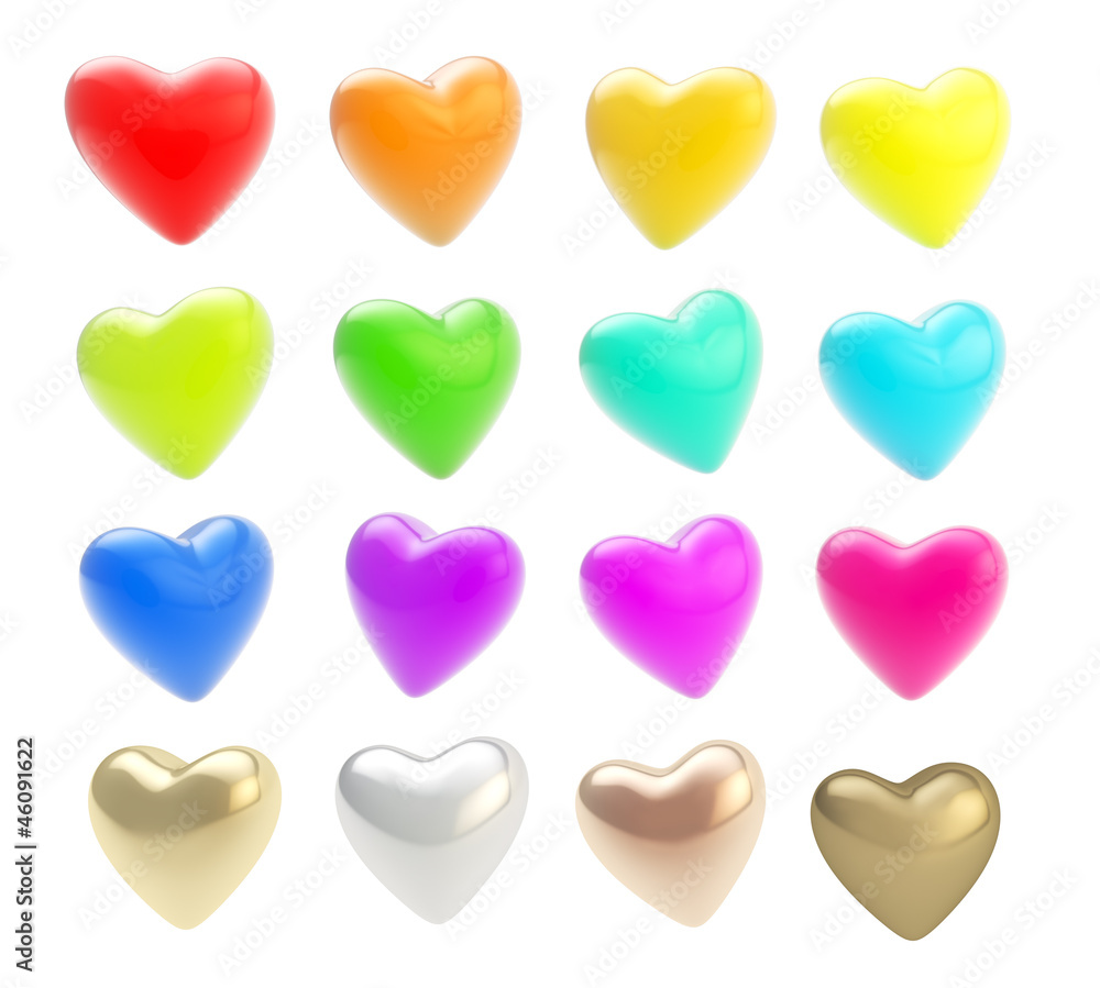 Set of glossy coloful hearts isolated on white