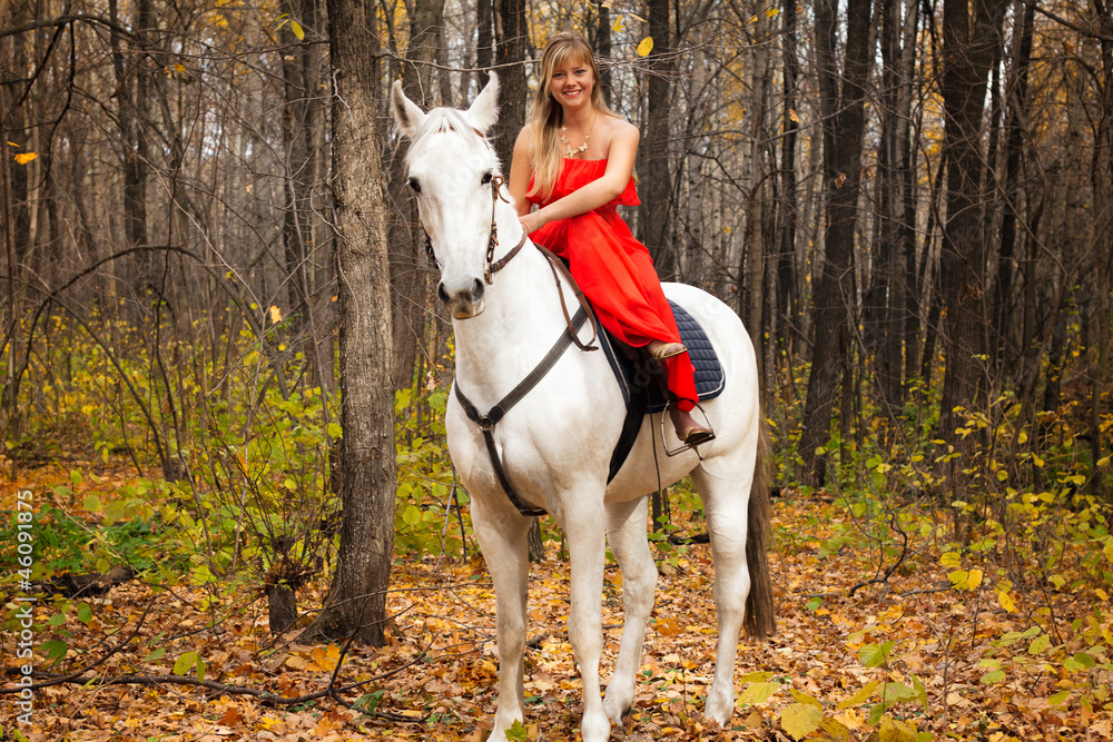 fine young woman on horseback on white horse