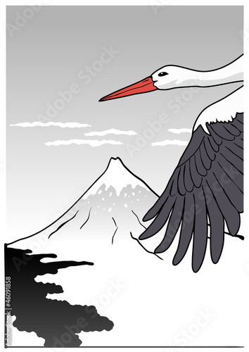 Mountain with stork, japanese vector illustration