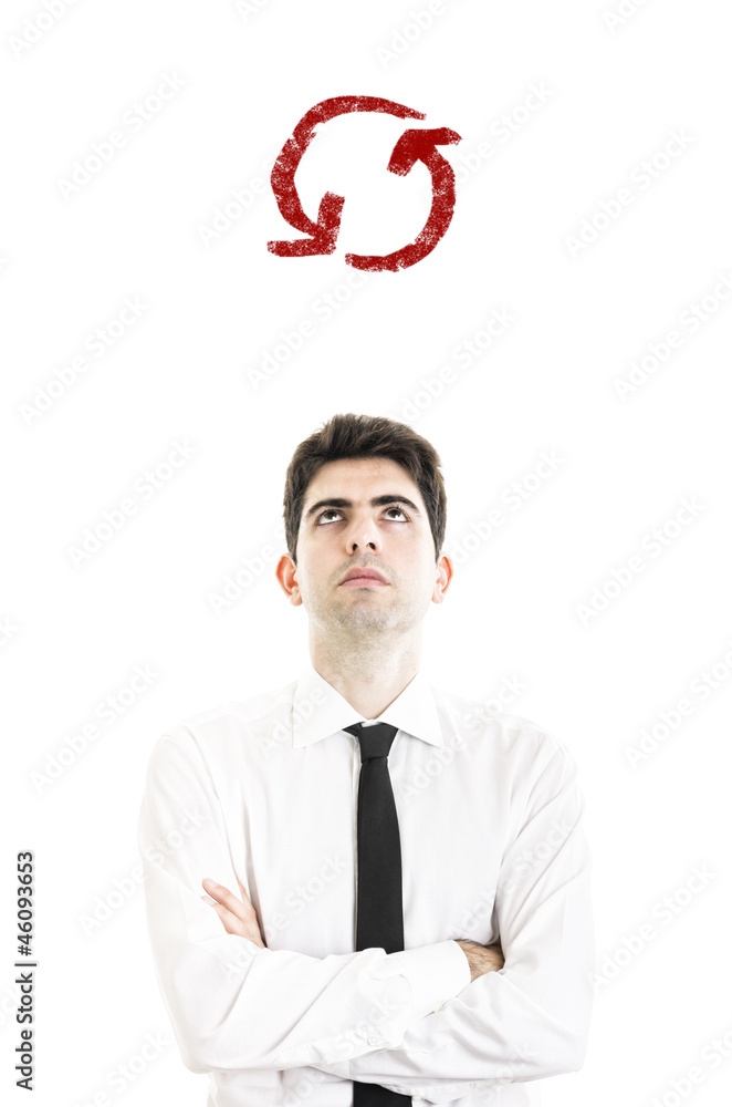 Young Thoughtful businessman with conceptual arrow Young Thoughtful businessman with conceptual arrow