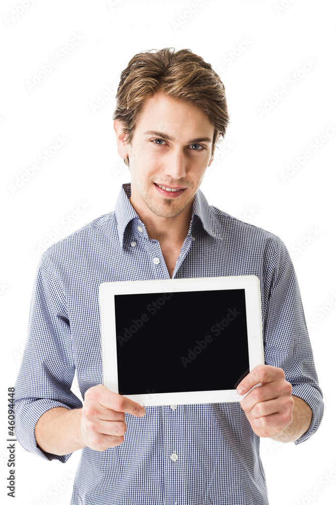 Mann hält Tablet zur Kamera Mann hält Tablet zur Kamera