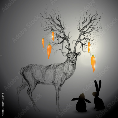 Deer with antlers like Tree / Rabbits look at carrots