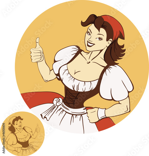 Cute young beer girl in dirndl in pin-up retro style