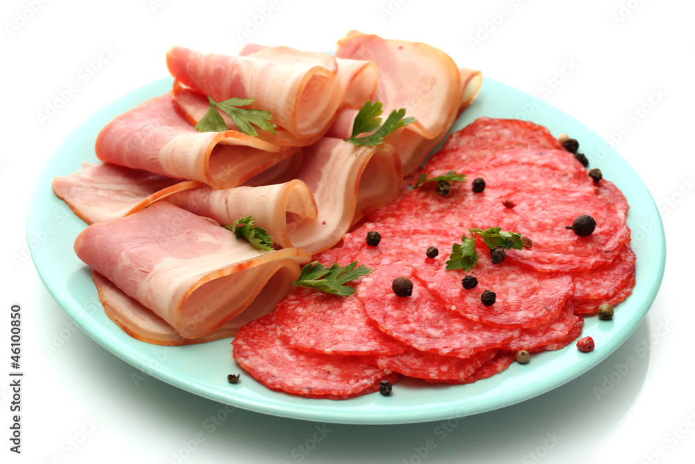 tasty bacon and sausage with spices on plate, isolated on white tasty bacon and sausage with spices on plate, isolated on white