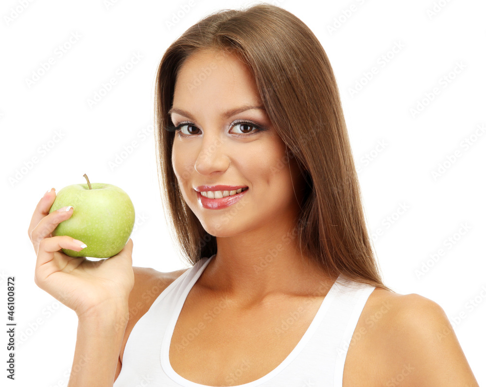 beautiful young woman with green apple, isolated on white beautiful young woman with green apple, isolated on white