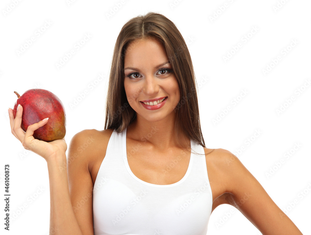 eautiful young woman with mango, isolated on white eautiful young woman with mango, isolated on white