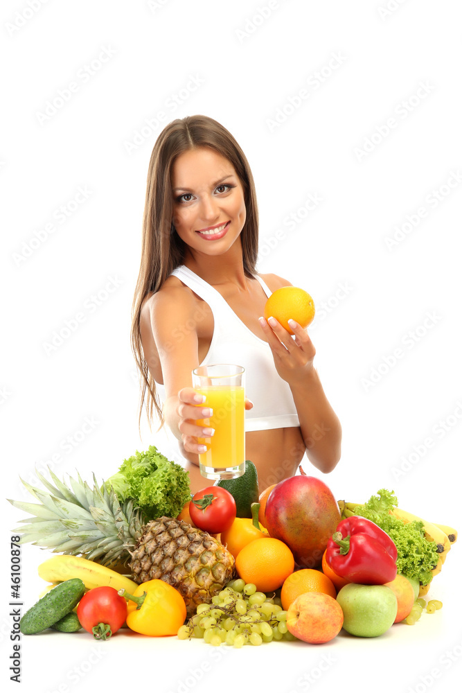 beautiful young woman with fruits and vegetables and glass of beautiful young woman with fruits and vegetables and glass of