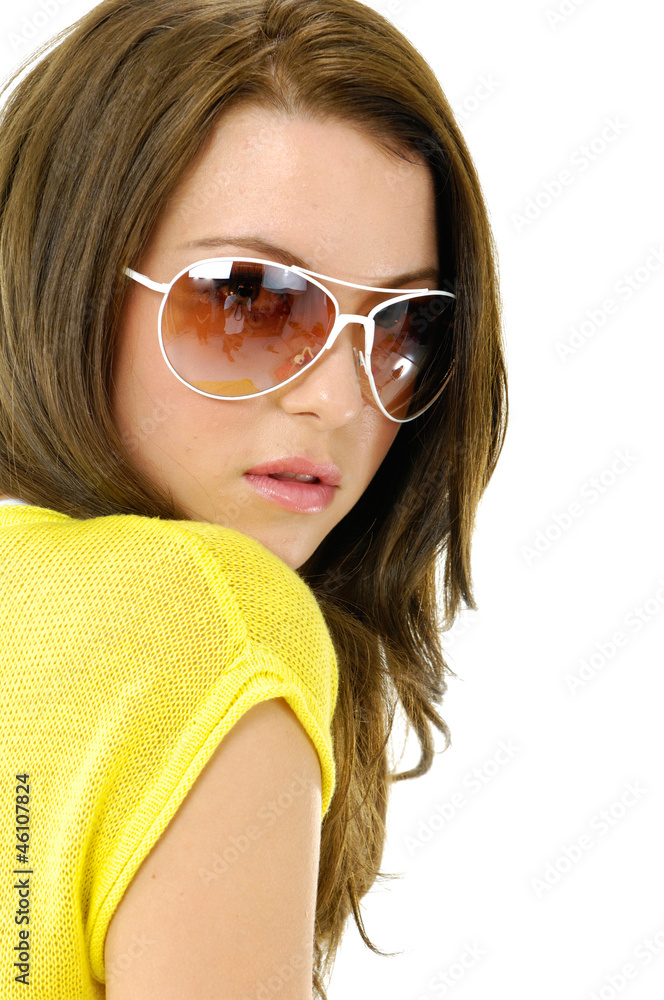 Close up fashion model wearing the modern sunglasses. Close up fashion model wearing the modern sunglasses.