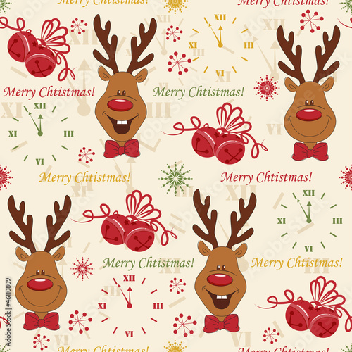 Christmas pattern seamless with clock,  deer and bells