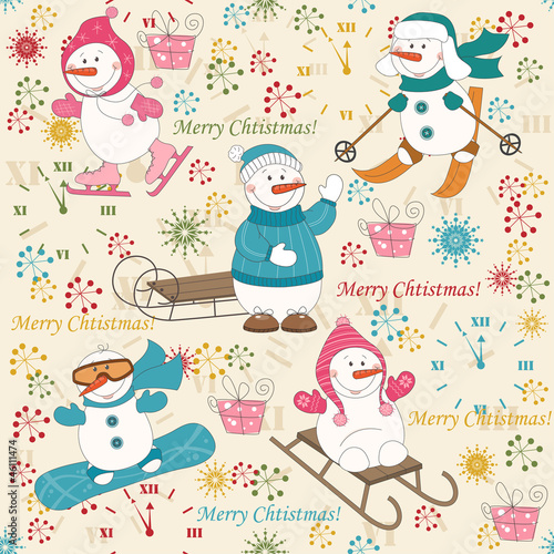 Colorful Christmas pattern seamless with  winter sport snowman