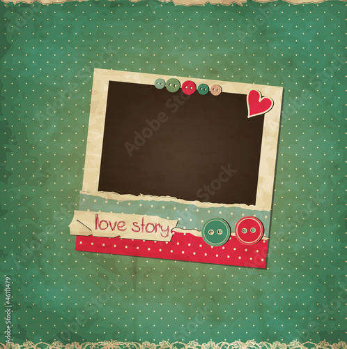 Scrap vintage love card with photo frame and buttons