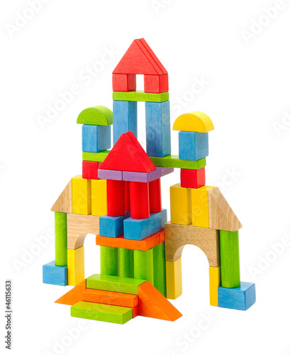 Colorful toy castle built from the wood blocks isolates