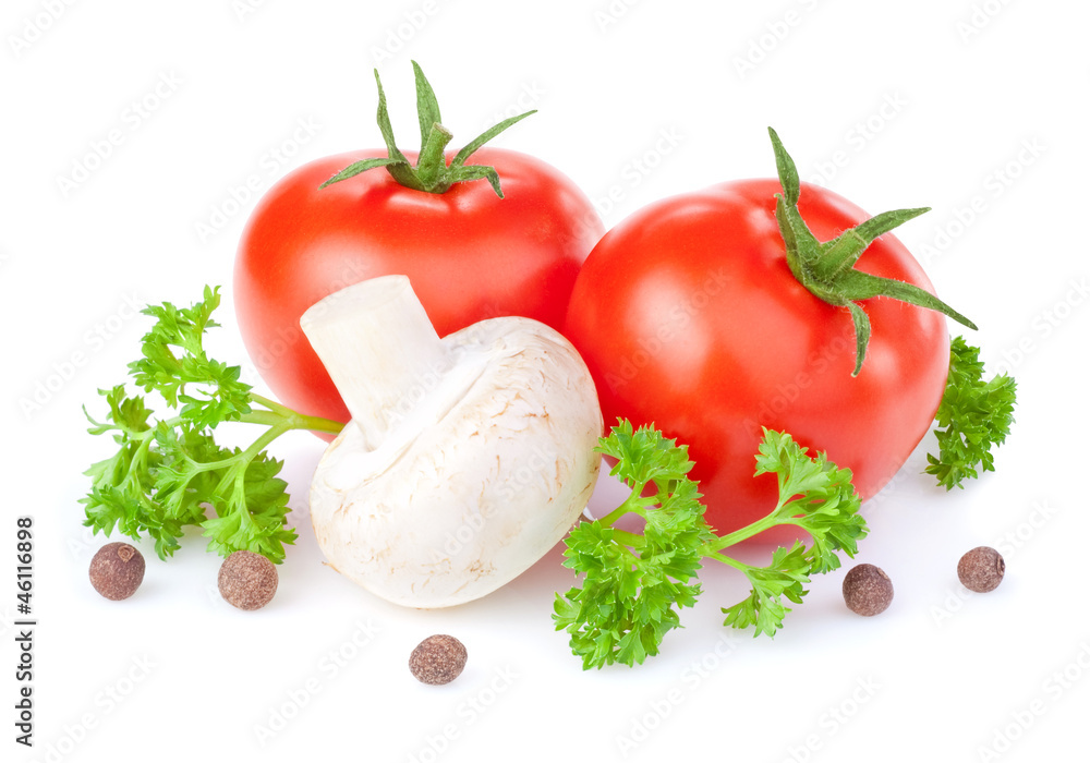 Two red tomatoes, fresh button mushrooms, parsley and allspice i Two red tomatoes, fresh button mushrooms, parsley and allspice i