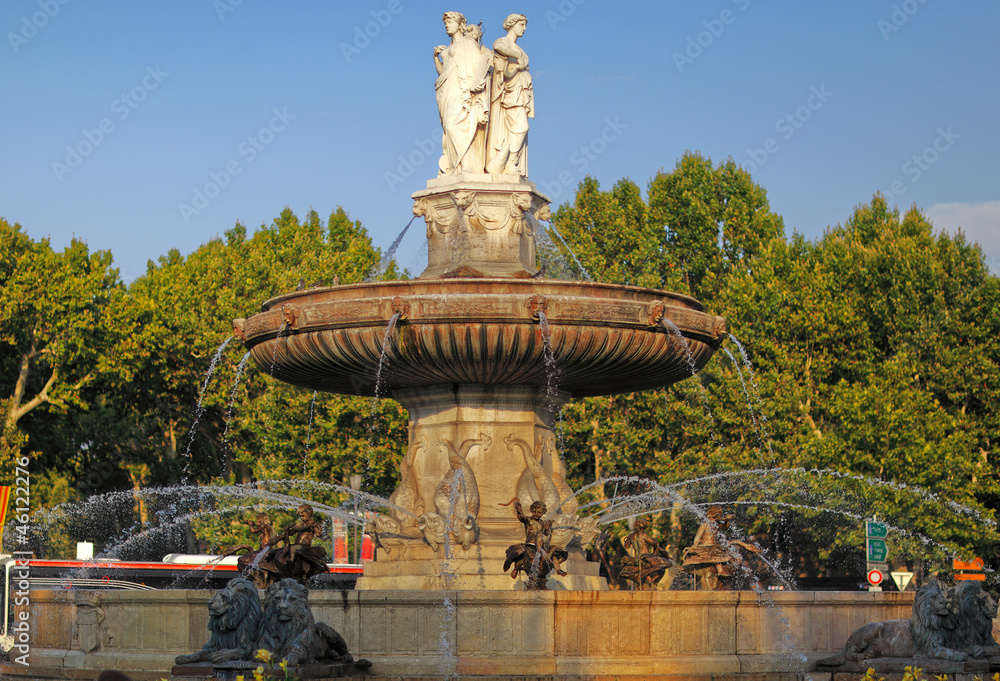 fountain at La Rotonde at sunset, Aix-en-Provence, Provence, Fra