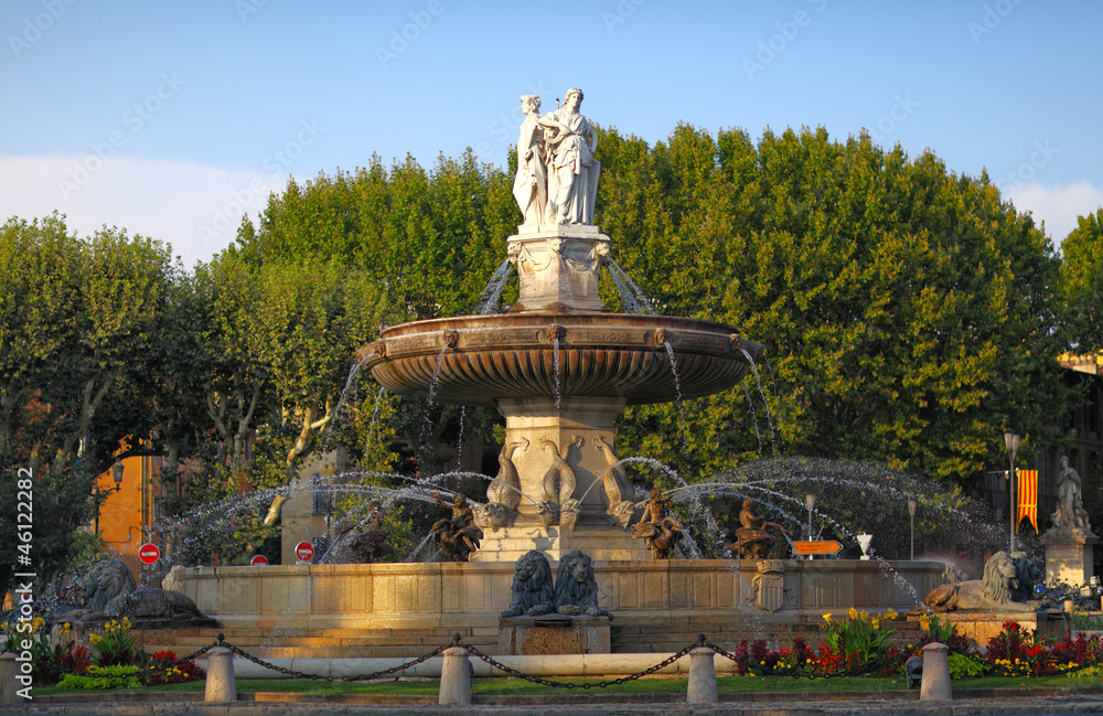 fountain at La Rotonde at sunset, Aix-en-Provence, Provence, Fra