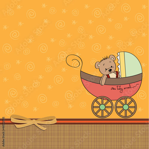 funny teddy bear in stroller, baby announcement card