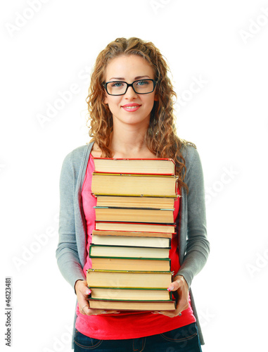 woman in glasses holding books