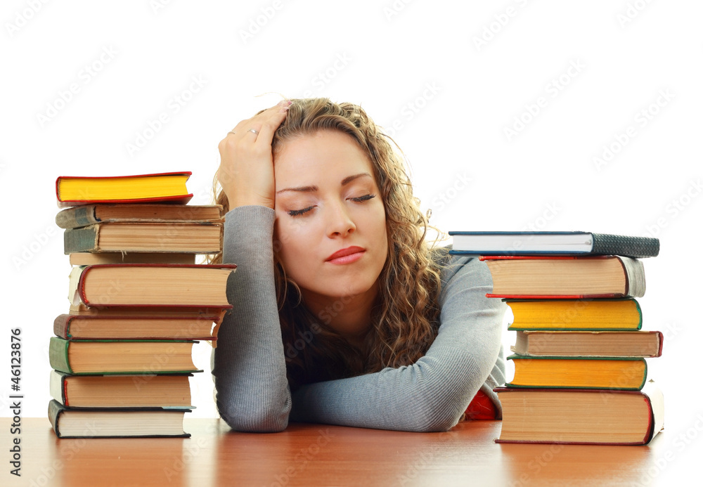 student girl sleeping near books student girl sleeping near books