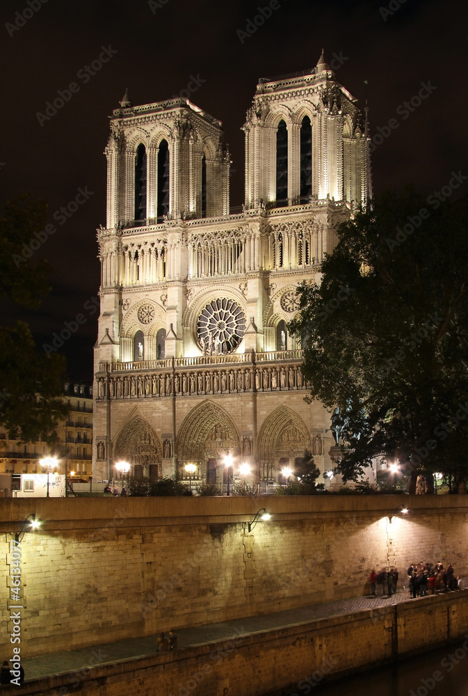 Notre Dame gothic cathedral at night