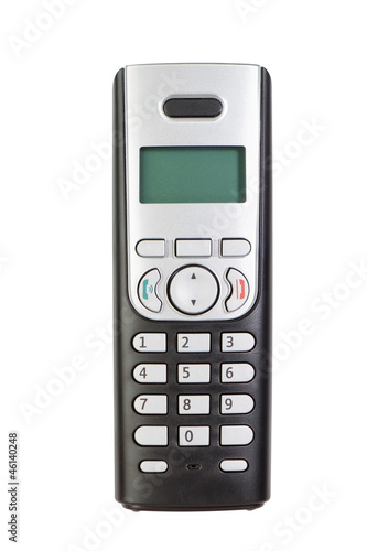 Modern wireless phone, close-up. On a white background.