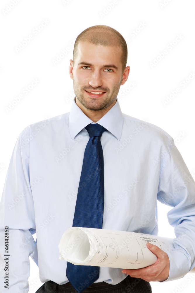 A businessman with papers is standing on white background A businessman with papers is standing on white background