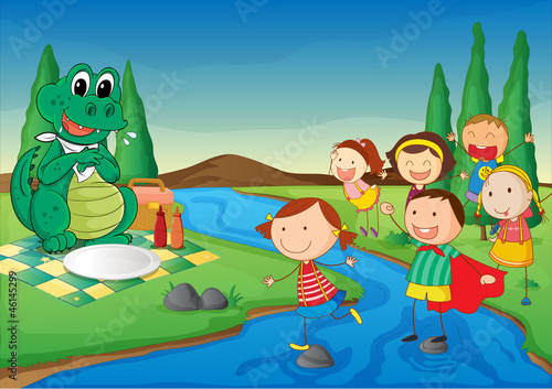 a river  a dinosaur and kids