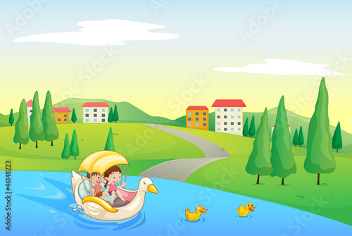 a river and kids
