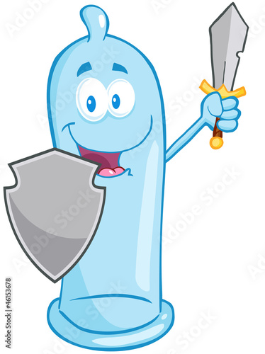 Happy Condom Guarder With Shield And Sword