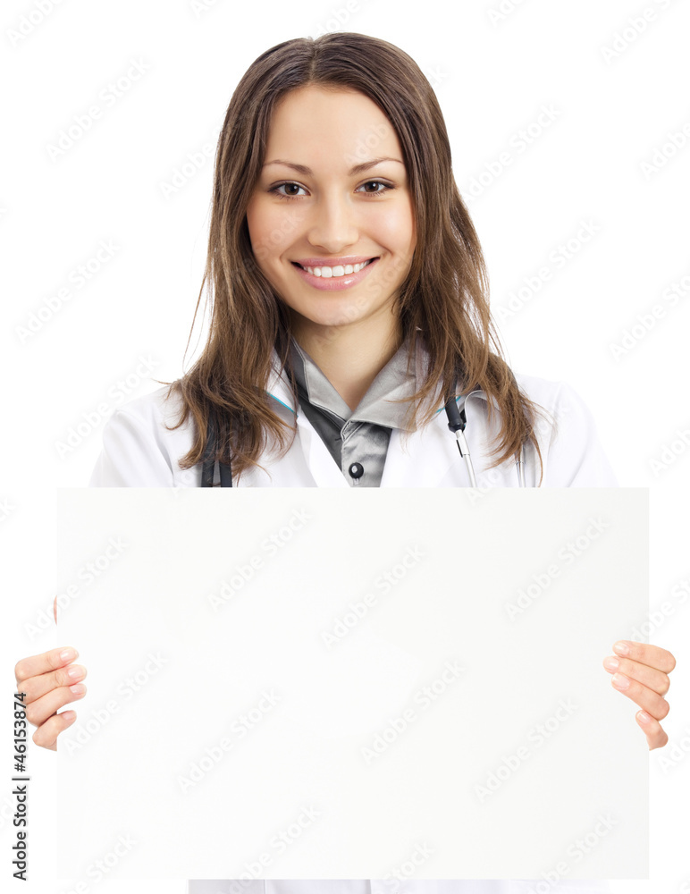 Happy doctor showing signboard, over white Happy doctor showing signboard, over white