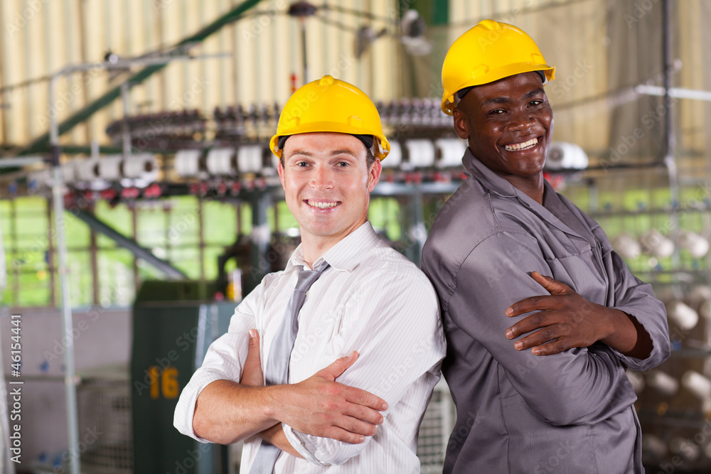happy factory manager and worker portrait happy factory manager and worker portrait