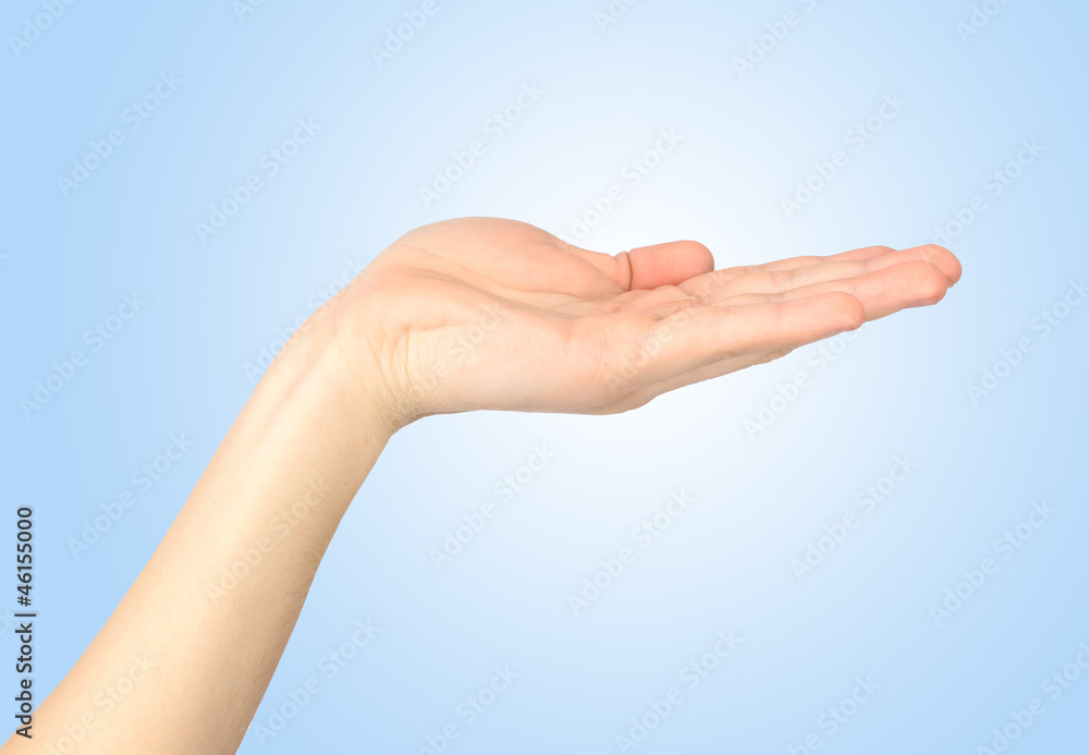 Open palm isolated on a blue background. Open palm isolated on a blue background.