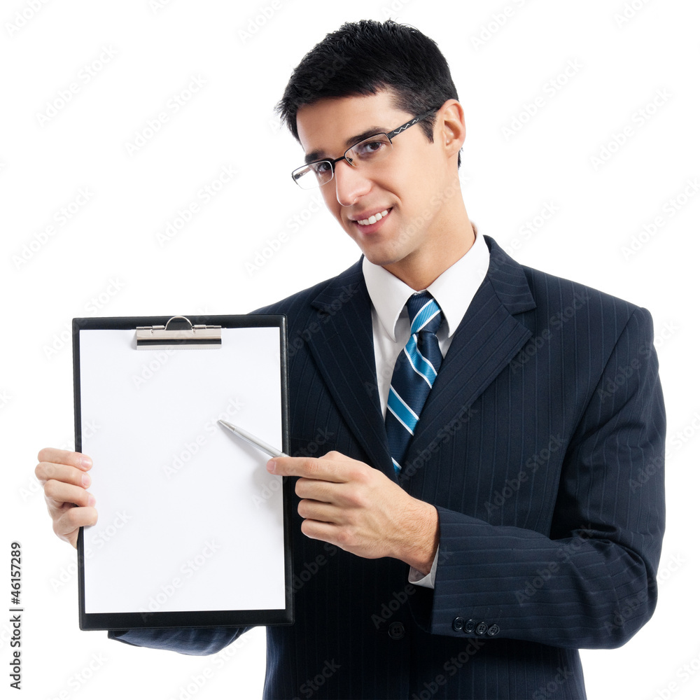 Businessman showing signboard, isolated Businessman showing signboard, isolated