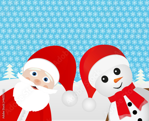 Snowman and Santa Claus in the forest
