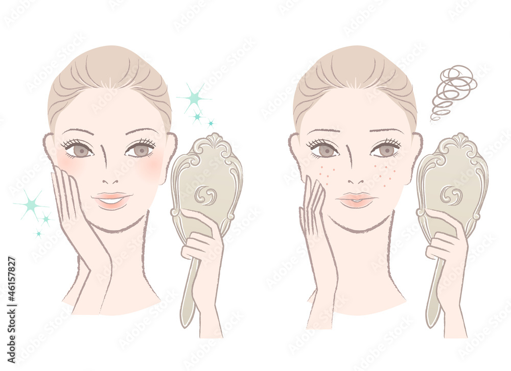 鏡を見る女性 ビフォアーアフター ビューティー 美容 イラスト Stock Illustration Adobe Stock 鏡を見る女性 ビフォアーアフター ビューティー 美容 イラスト Stock Illustration Adobe Stock