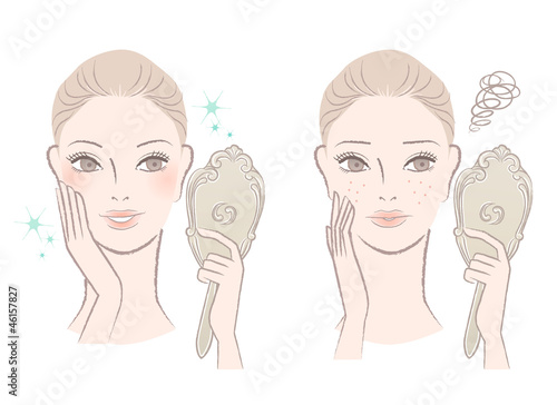 鏡を見る女性 ビフォアーアフター ビューティー 美容 イラスト Stock Illustration Adobe Stock