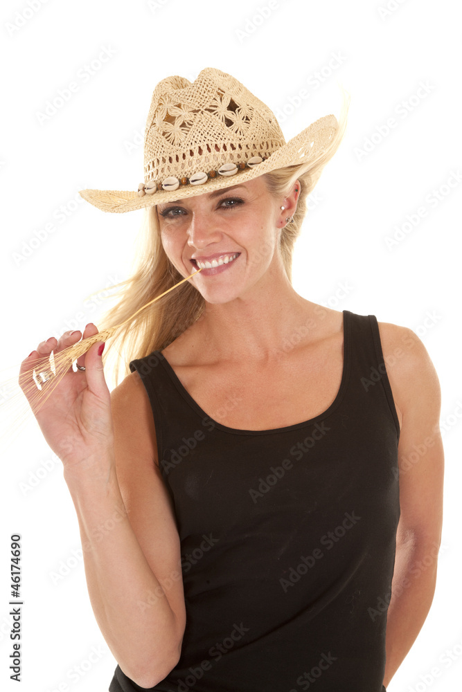Woman black tank smile wheat mouth Woman black tank smile wheat mouth