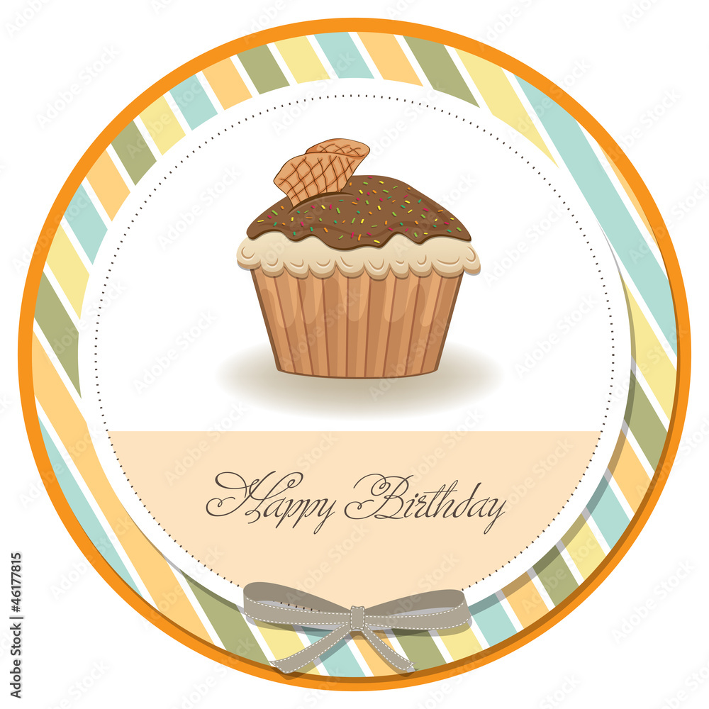 cute happy birthday card with cupcake  vector illustration