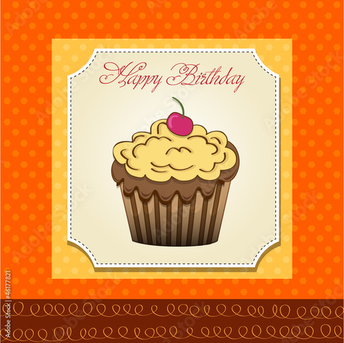 cute happy birthday card with cupcake  vector illustration
