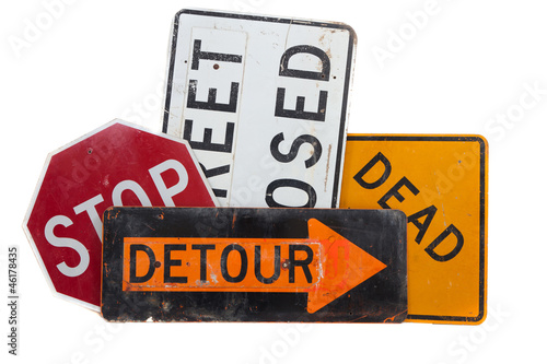 Various road signs on a white background photo