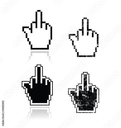 Pixelated cursor hand with middle finger up icons set