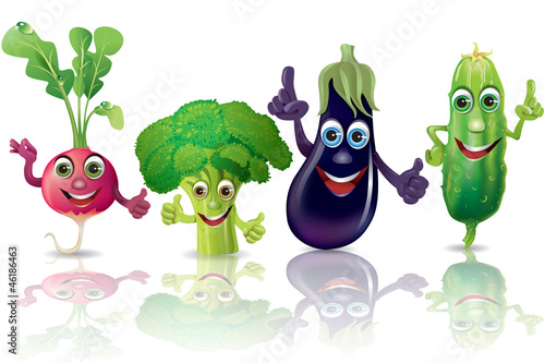 Funny vegetables, radishes, broccoli, eggplant, cucumber