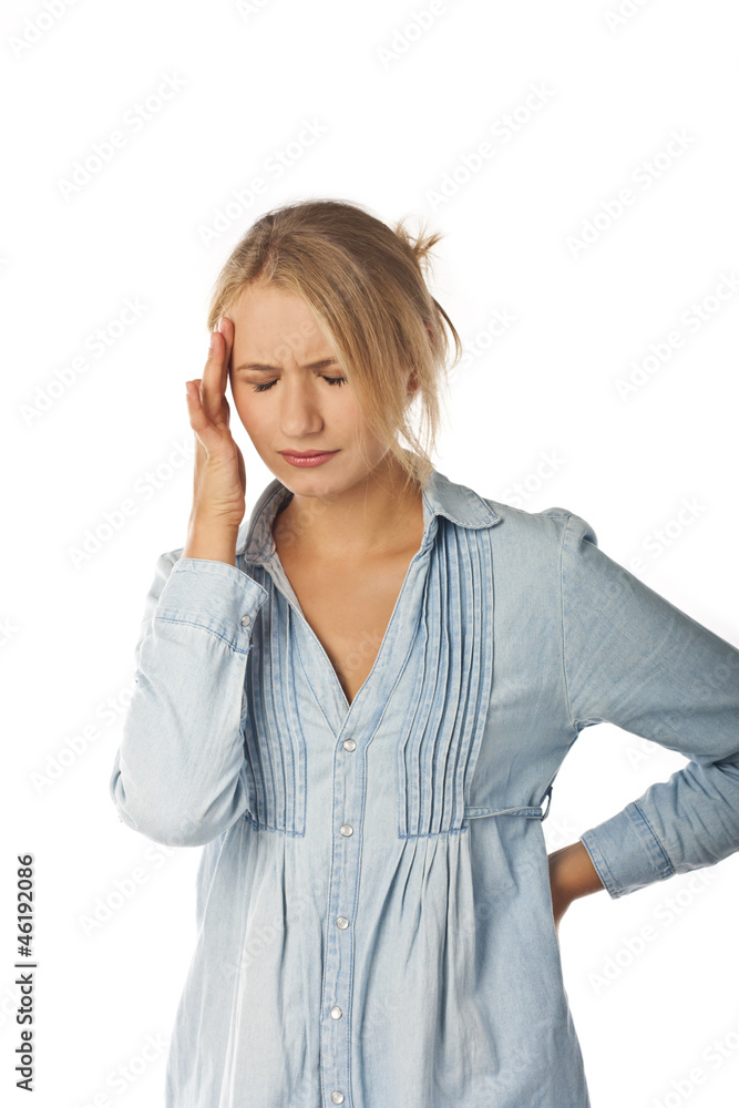 Young woman with headache isolated on white Young woman with headache isolated on white