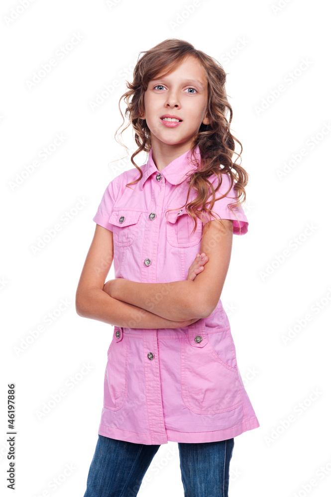 smiley little girl with curly hair standing smiley little girl with curly hair standing