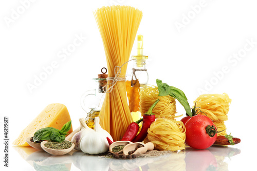 Pasta spaghetti, vegetables, spices and oil, isolated on white