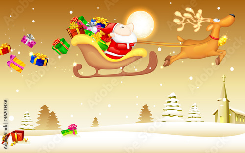Santa Claus with Christmas gift in Sledge